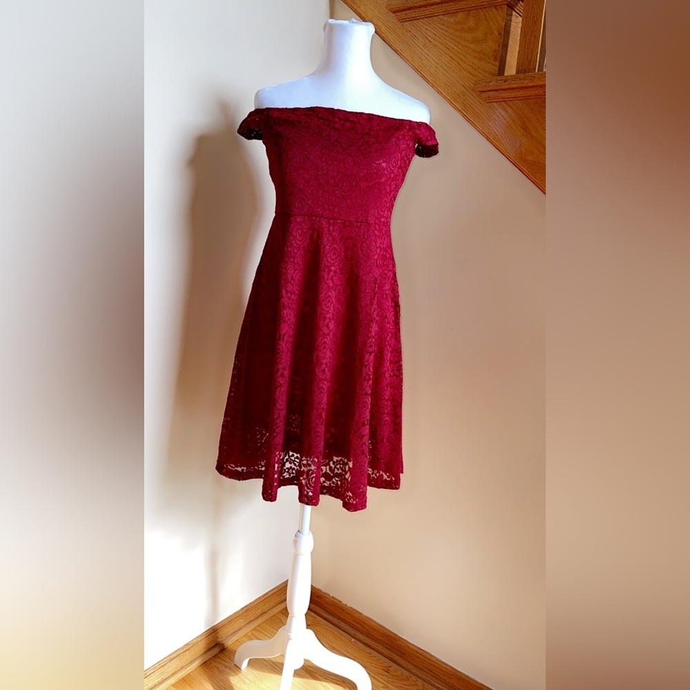 Women’s Dress Size Small Red Lace Off Shoulder A Line Swing Cocktail Party Dress - Picture 6 of 8